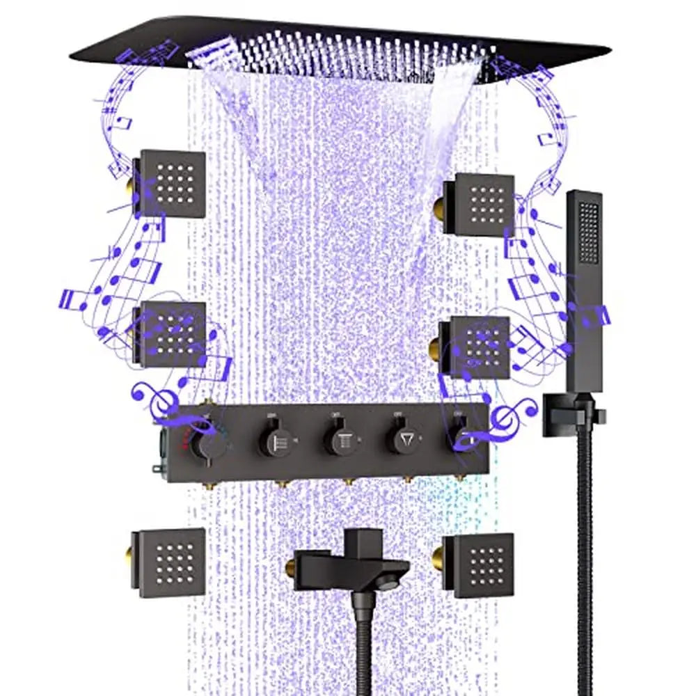 Luxury Full Body LED Music Shower System with Body Jets Thermostatic Control Waterfall Rain Handheld Faucet Bluetooth Smart