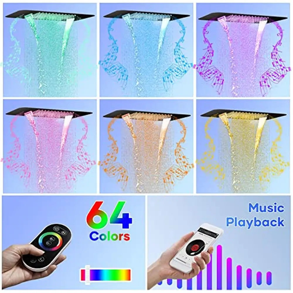 Luxury Full Body LED Music Shower System with Body Jets Thermostatic Control Waterfall Rain Handheld Faucet Bluetooth Smart