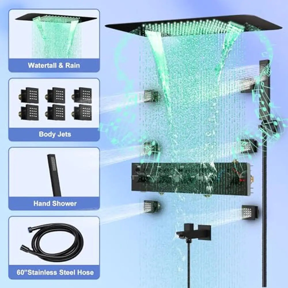 Luxury Full Body LED Music Shower System with Body Jets Thermostatic Control Waterfall Rain Handheld Faucet Bluetooth Smart