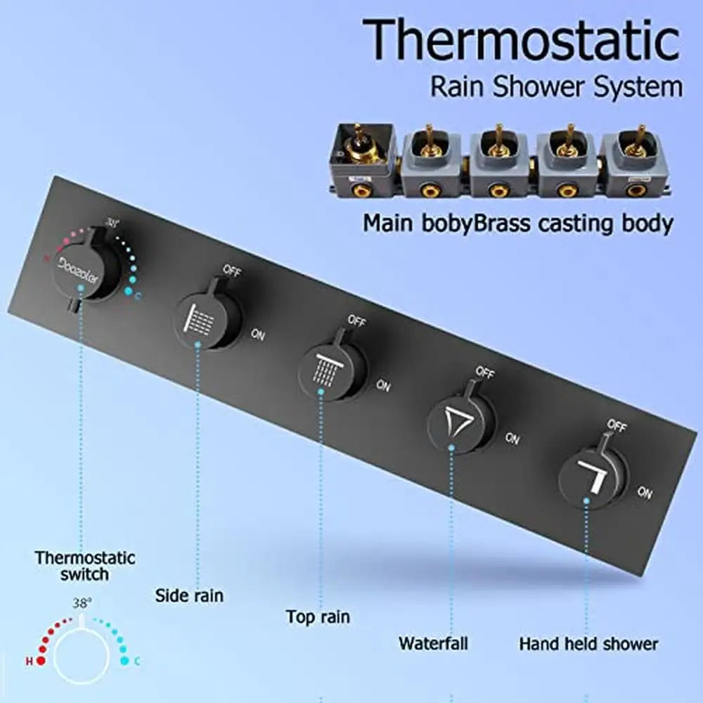 Luxury Full Body LED Music Shower System with Body Jets Thermostatic Control Waterfall Rain Handheld Faucet Bluetooth Smart