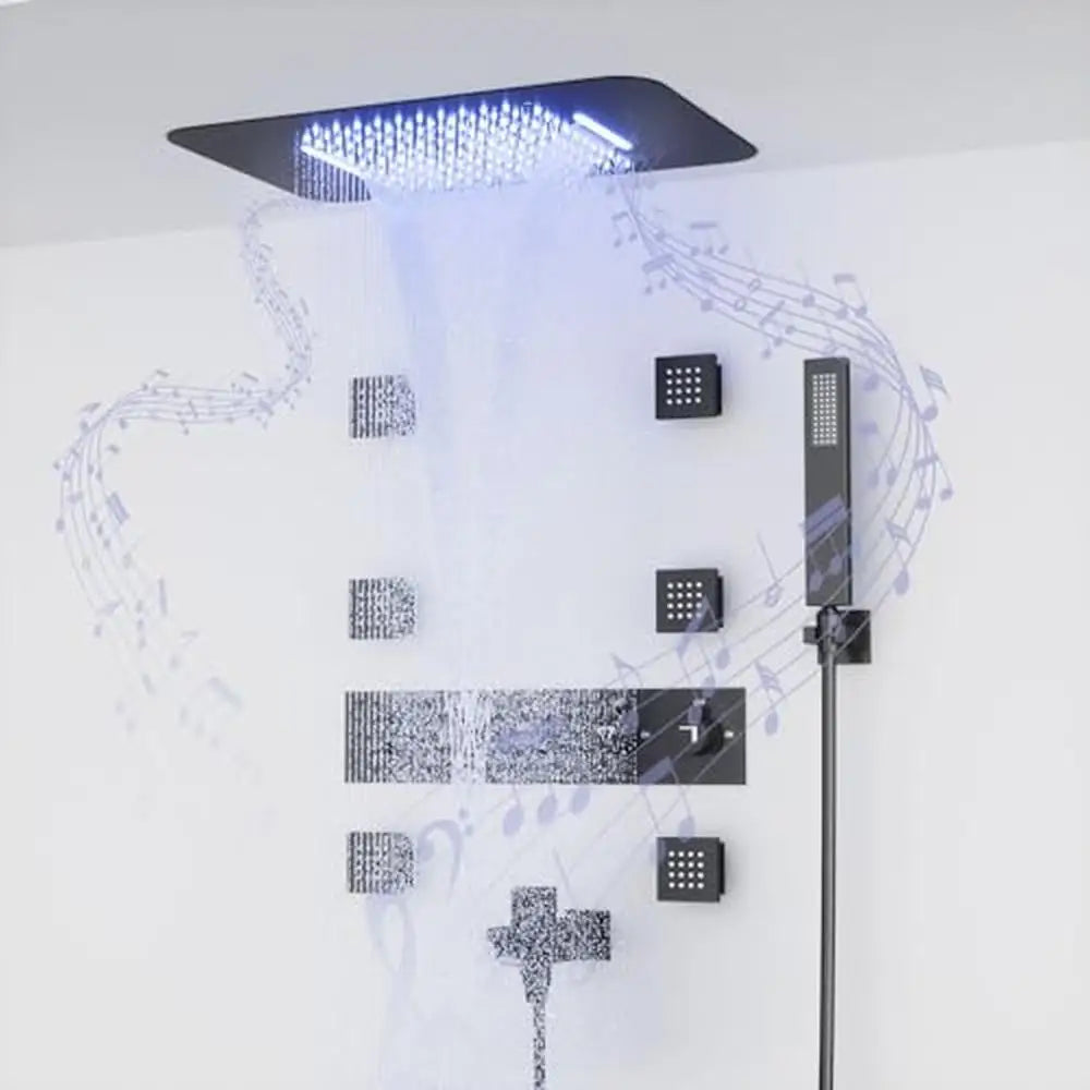 Luxury Full Body LED Music Shower System with Body Jets Thermostatic Control Waterfall Rain Handheld Faucet Bluetooth Smart