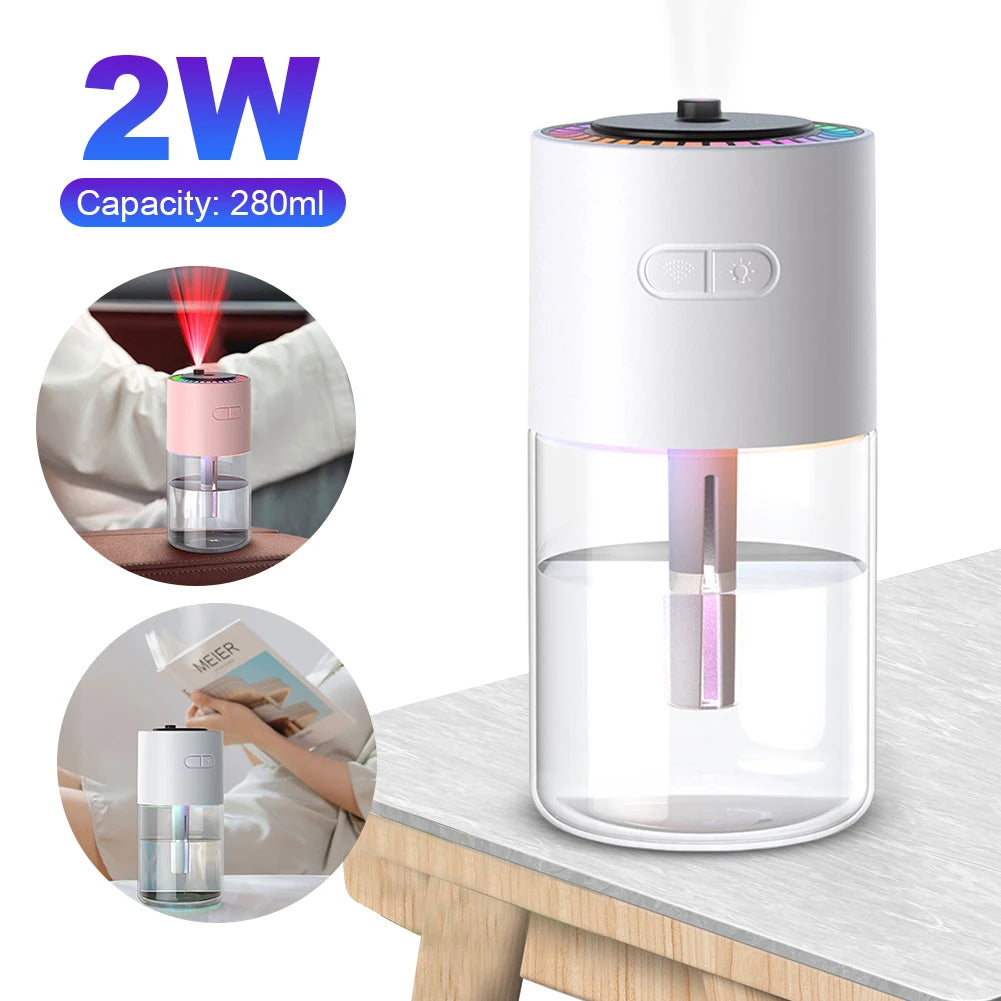 Car Air Humidifier with RGB LED Light 280ML Essential Oil Diffuser Rechargeable Mini Aromatherapy Machine for Bedroom and Travel