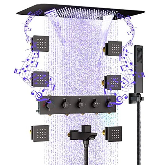 Luxury Full Body LED Music Shower System with Body Jets Thermostatic Control Waterfall Rain Handheld Faucet Bluetooth Smart